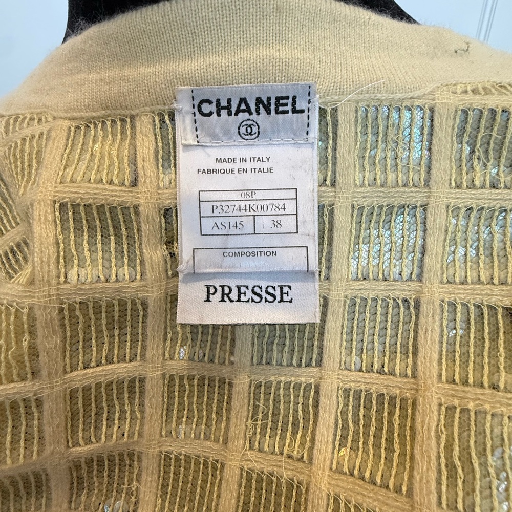 CHANEL Yellow and Gold Sequin Cashmere Button Up Cardigan - Picture 5 of 7
